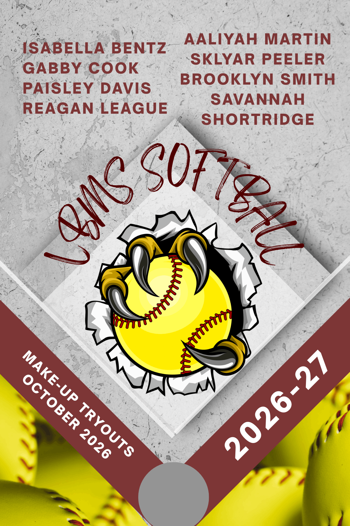 LBMS Softball tryouts graphic showing players in action on a brown field background. Text reads: April 20, 2026, @LBHS Softball Field, 3:30–5 p.m. Permission form required. Contact Payton.farlow@lbsdk12.com.
